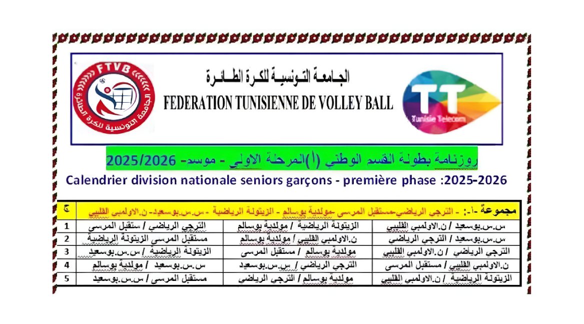 Calendrier de la première phase du Championnat National de Volleyball