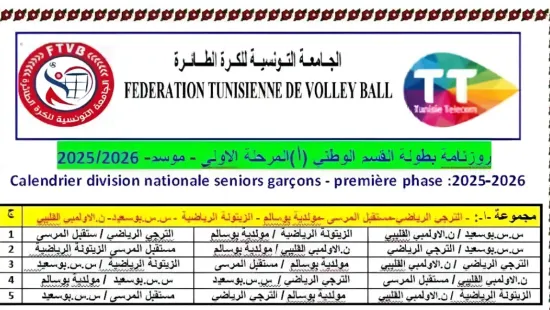 Calendrier de la première phase du Championnat National de Volleyball